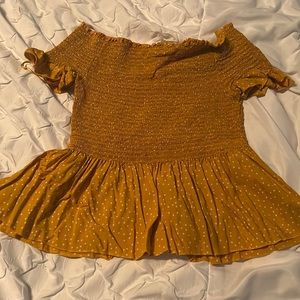 Mustard yellow polka dot off the shoulder